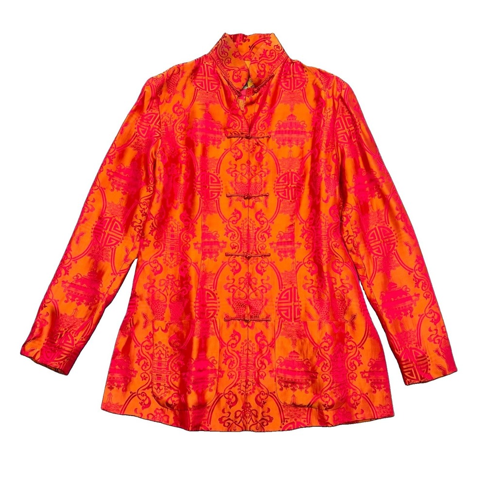 Shanghai Tang Women's‎ 4 Orange Silk Blend Brocade Jacket Red Frog Closure READ
